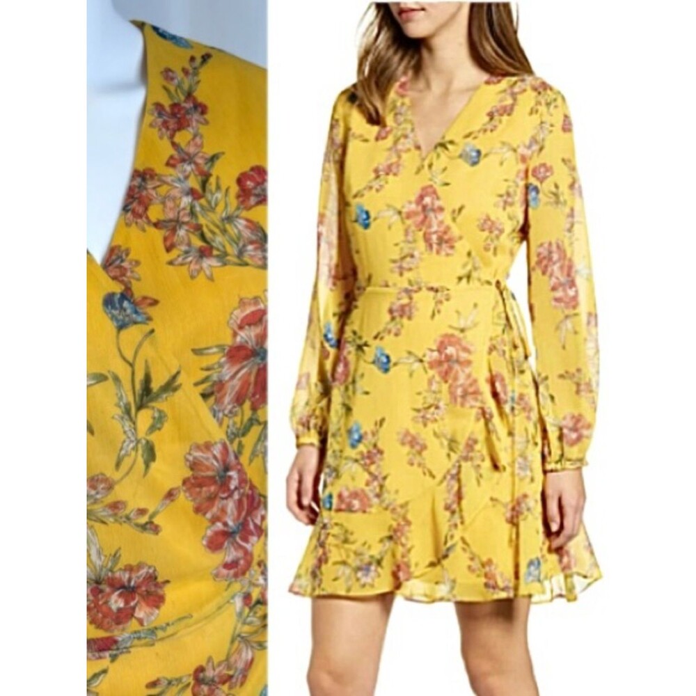 All in Favor Floral Chiffon Ruffle Tie Wrap Dress Size Large Yellow Long Sleeve